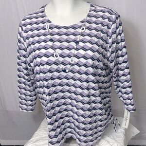 Alfred Dunner purple white black 3X zigzag pattern blouse detachable necklace